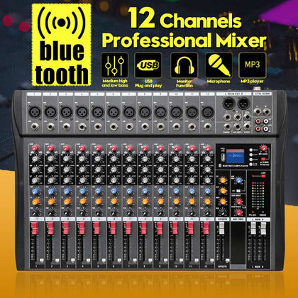 12 Channels Live Studio Audio Mixer 48V Amplifier Professional USB Mixing bluetooth Stereo Sound Mixing Console DJ Mixer Board