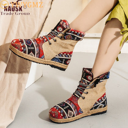 NAUSK Hemp Ankle Boots For Girls Spring/Autumn Patchwork Beautiful Women Boots Embroider Lace Up Botines Mujer 2021