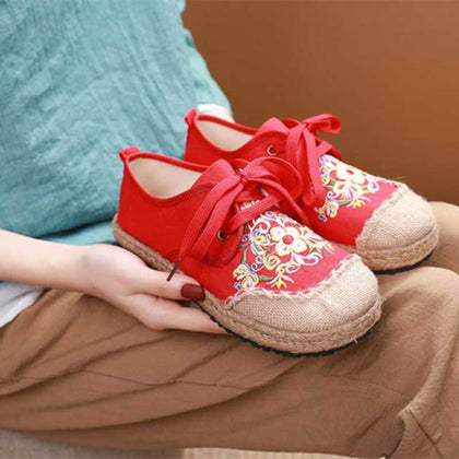 Veowalk Women Low Top Lace Up Canvas Sneakers Comfortable Embroidered Casual Flat Espadrilles Shoes for Ladies Beige Red