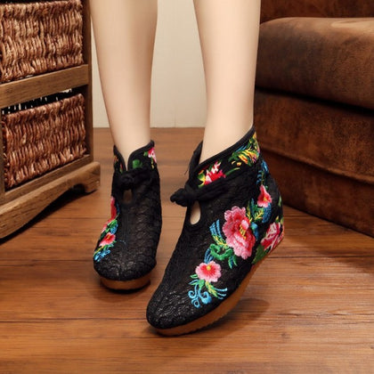Veowalk Summer Cotton Flower Embroidered Women Short Ankle Lace Boots Brathable Ladies Hidden Wedges Platform Shoes Zapato Mujer