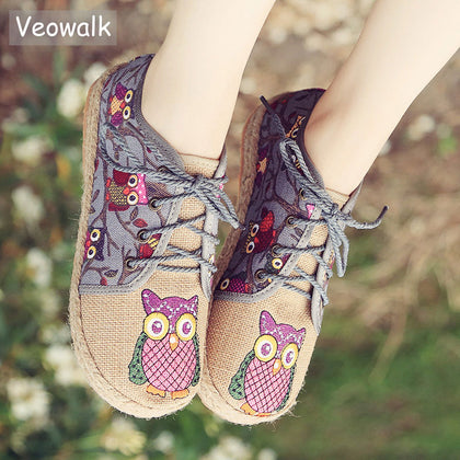 Veowalk Vintage Women Shoes Thai Cotton Linen Canvas Owl Embroidered Cloth Single National Flats Woven Round Toe Lace Up Shoes