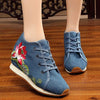 Veowalk New Spring Women's Flower Embroidered Flat Platform Shoes Chinese Ladies Casual Comfort Denim Fabric Sneakers Shoes
