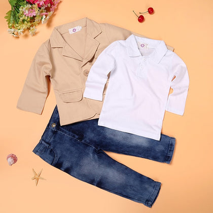 3PCS fall Children Gentleman suits coat+white Long Sleeve T-shirt+jeans clothing set for 3 4 5 6 7 8 years kid boys outfits