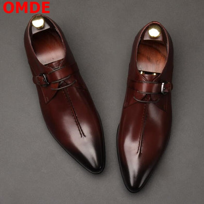 OMDE British Style Pointed Toe Men Formal Shoes Fashion Lace-up Business Dress Shoes Leather Shoes Handmade Wedding Shoes