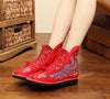 Veowalk Peacock Embroidered Women Canvas Flat Short Boots, Vintage Chinese Embroidery Cotton Booties Ladies Shoes Front Zippers